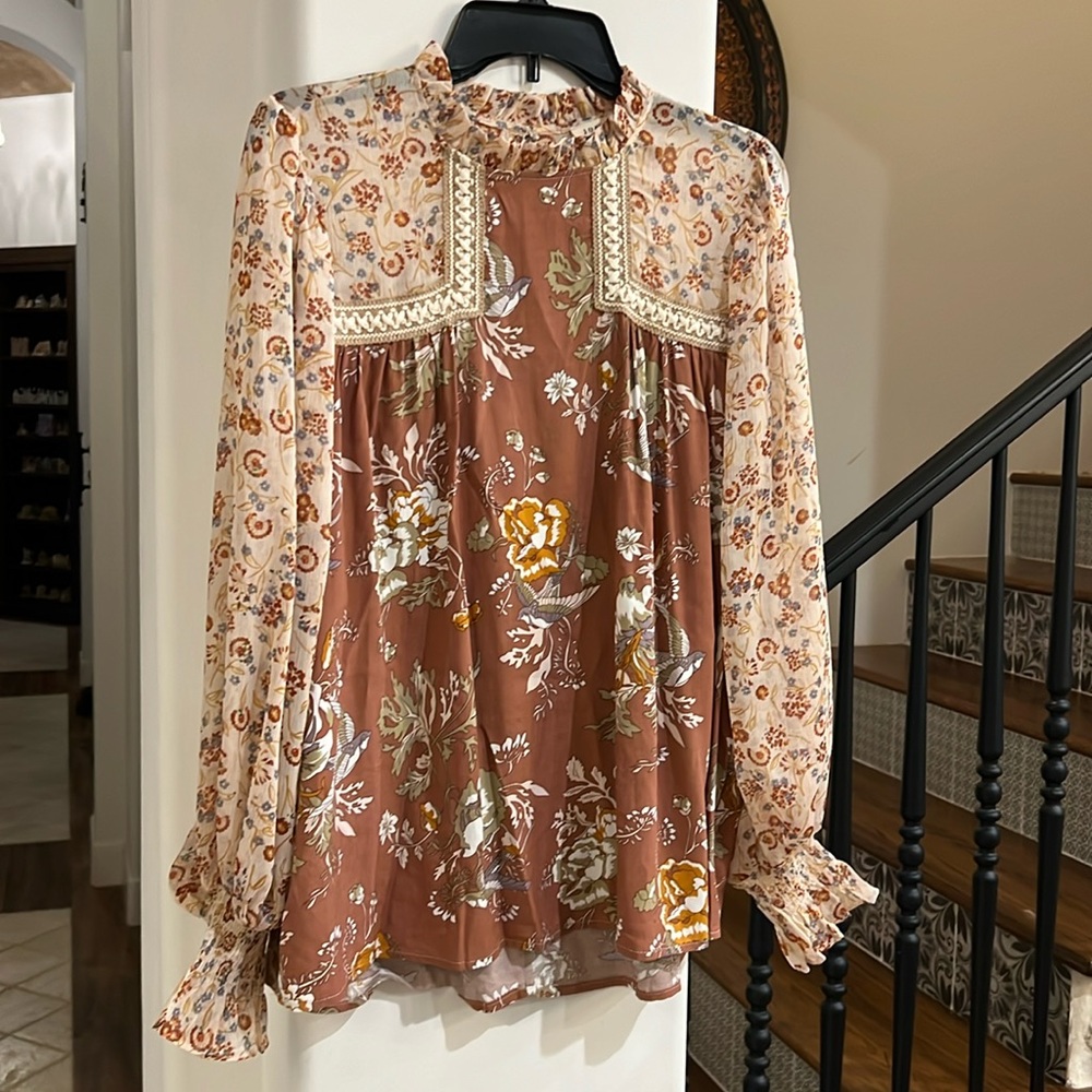 Long Sleeve Top with see through sleeves. Size small. Brown and orange